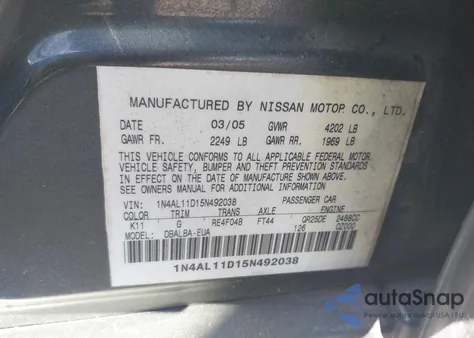 2005 Nissan Altima 2.5 S from USA, damaged, VIN 1N4AL11D15N492038